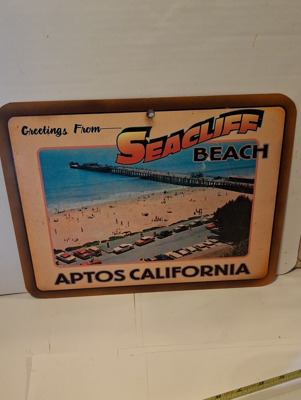 Beach Aptos California Vintage-Style Wall Sign - Peach and Blue